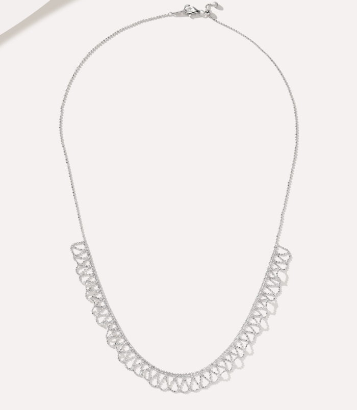 full view of rhodium plated Sterling silver lace-trimmed necklace