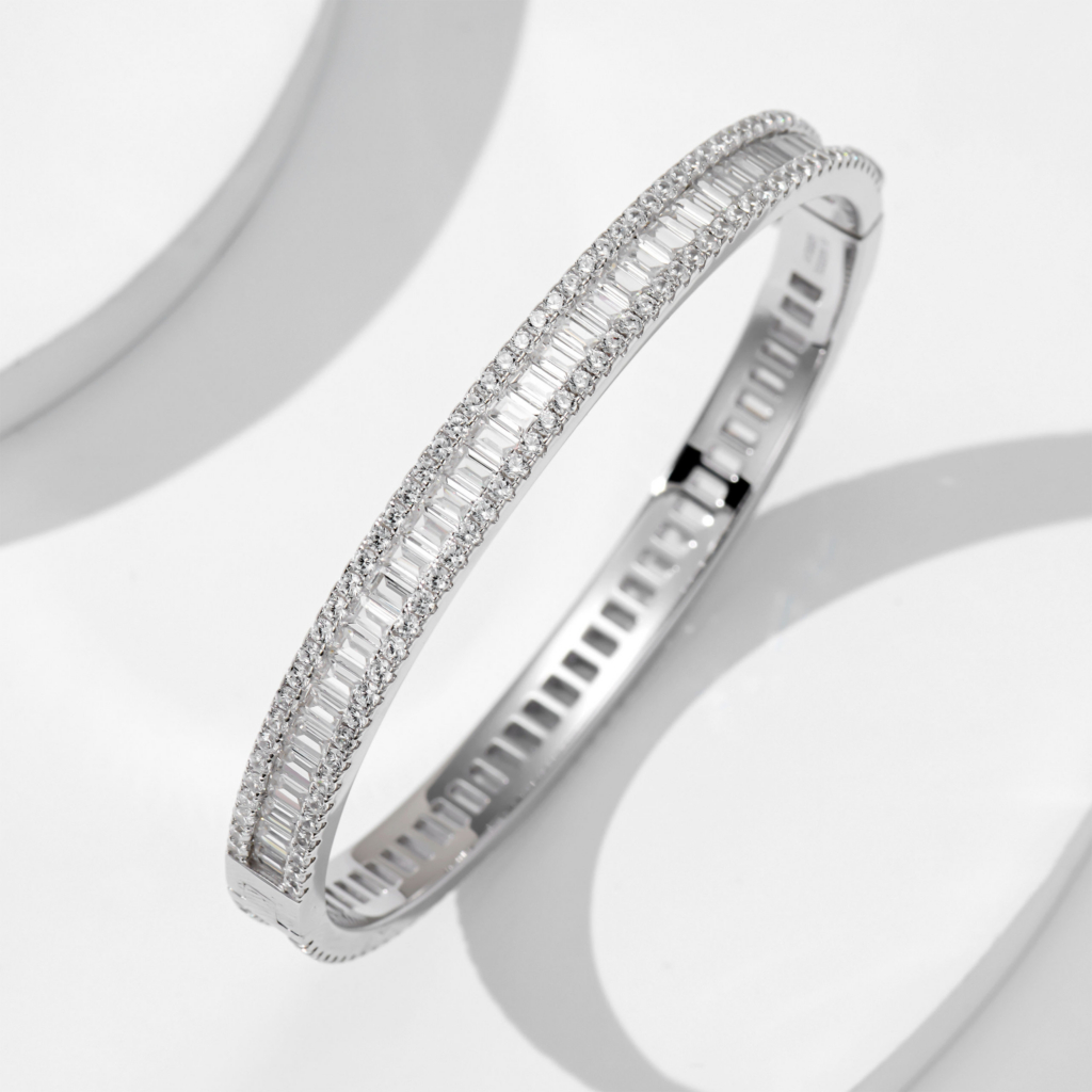 side view of Luxurious Baguette-Cut Sterling Silver Bracelet