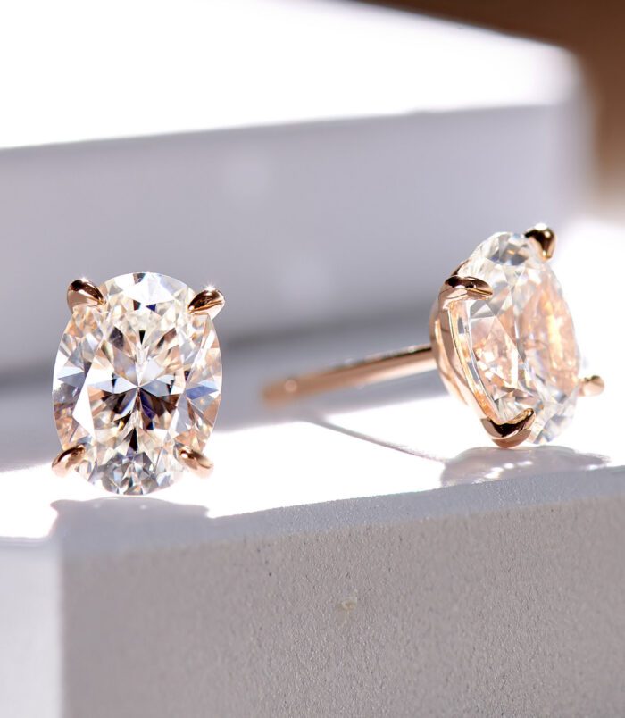 Elegant Oval-Cut Rose Gold-plated Stud Earrings side view side view close up of Elegant Oval-Cut Rose Gold-plated Stud Earrings