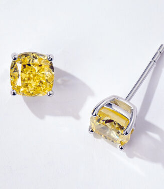 Vibrant Cushion-Cut Yellow zirconia Stud Earrings side view side view close up of Vibrant Cushion-Cut Yellow zirconia Stud Earrings