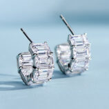 ear stick details of Sleek Sterling Silver Baguette-Cut Cubic Zirconia Huggie Hoop Earrings