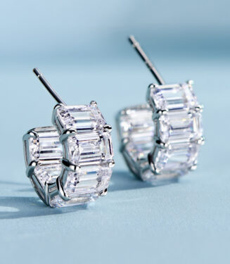 ear stick details of Sleek Sterling Silver Baguette-Cut Cubic Zirconia Huggie Hoop Earrings