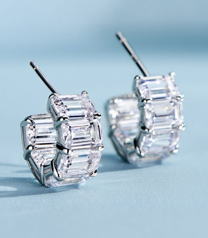 ear stick details of Sleek Sterling Silver Baguette-Cut Cubic Zirconia Huggie Hoop Earrings