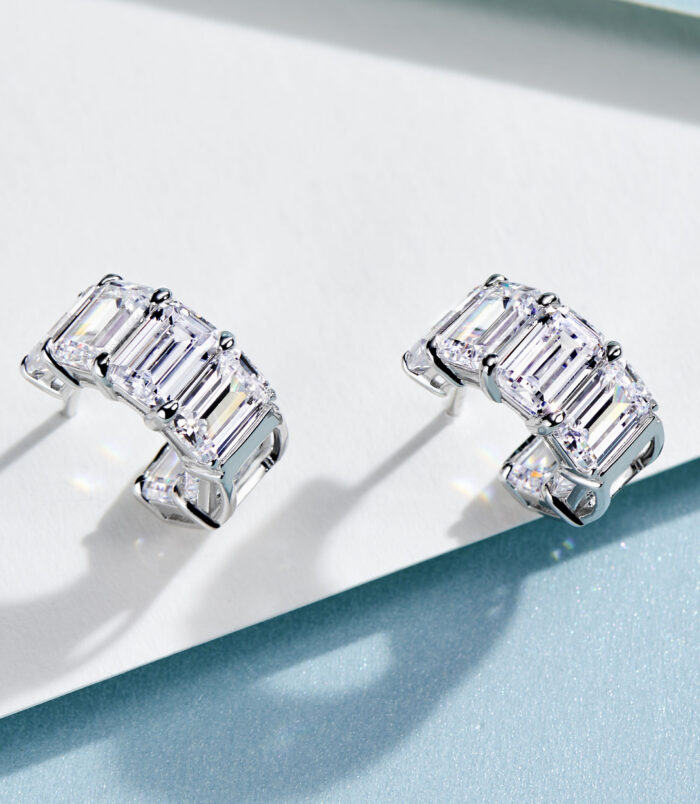 top view of Sleek Sterling Silver Baguette-Cut Cubic Zirconia Huggie Hoop Earrings