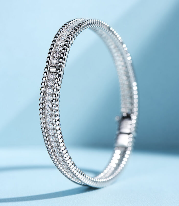 side view close up of Double-Row Round-Cut Tennis-Style Sterling Silver Bracelet