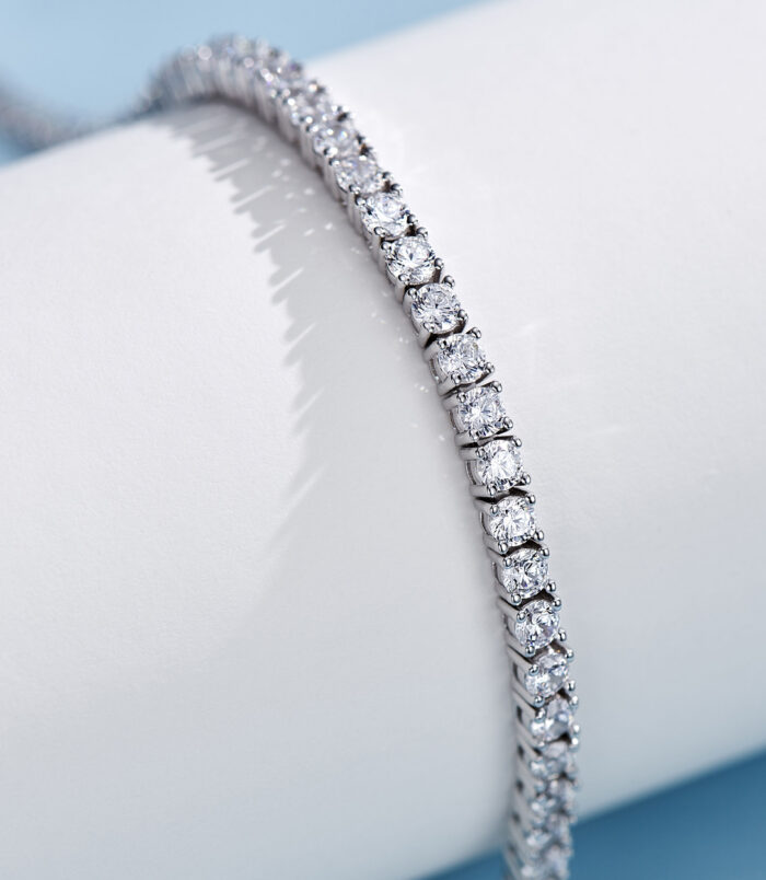 side view close up of Round-Cut Tennis-Style Sterling Silver Bracelet