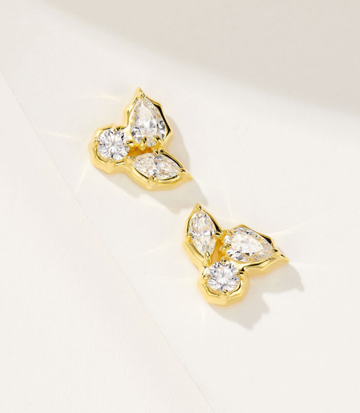 yellow gold plated Elegant Floral Sterling Silver Stud Earrings top view details top view close up of yellow gold plated Elegant Floral Sterling Silver Stud Earrings