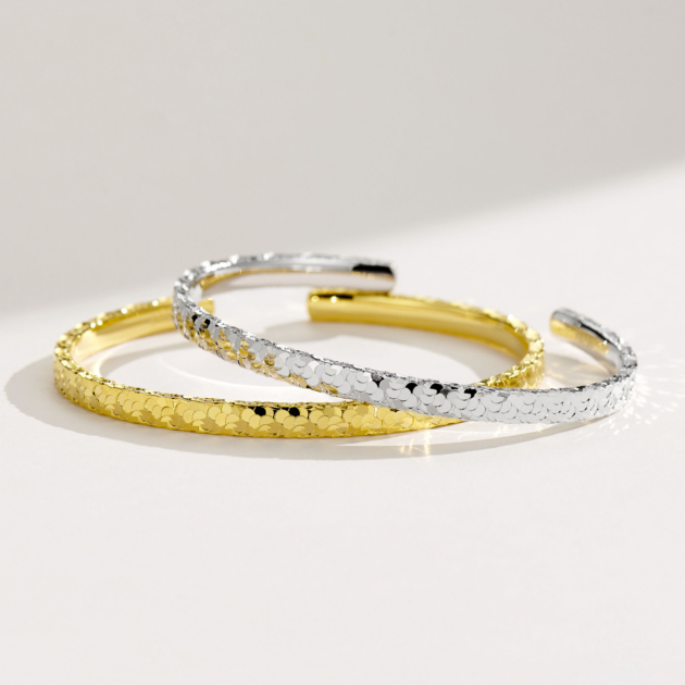 two-tone Textured Sterling Silver Cuff Bracelet comparison: white gold color vs. yellow gold color