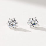 A pair of round, brilliant-cut stud earrings in polished sterling silver, featuring a central clear gemstone set in a classic six-prong setting, displayed against a soft white background.