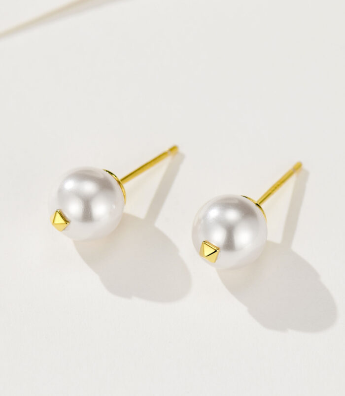 side view close-up of gold plated Elegant Pearl Stud Earrings