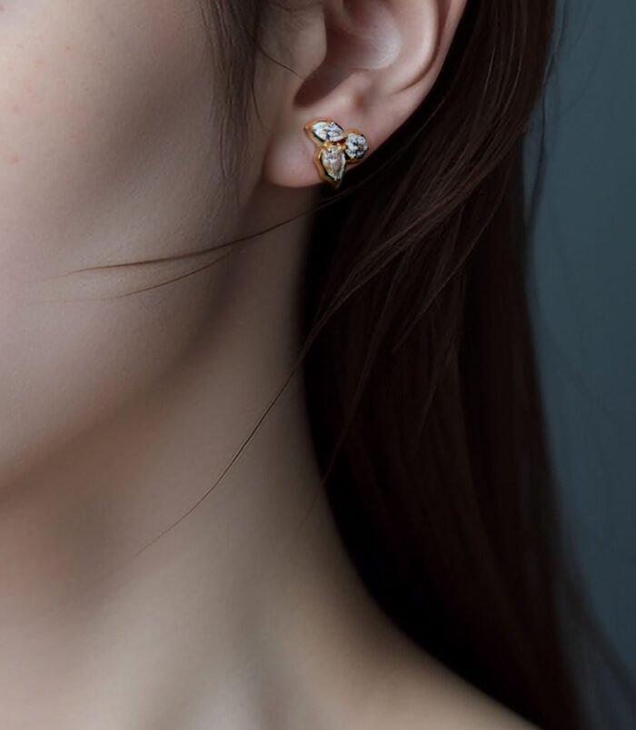 Elegant Floral Sterling Silver Stud Earrings wearing effect Elegant Floral Sterling Silver Stud Earrings worn on a model's ear