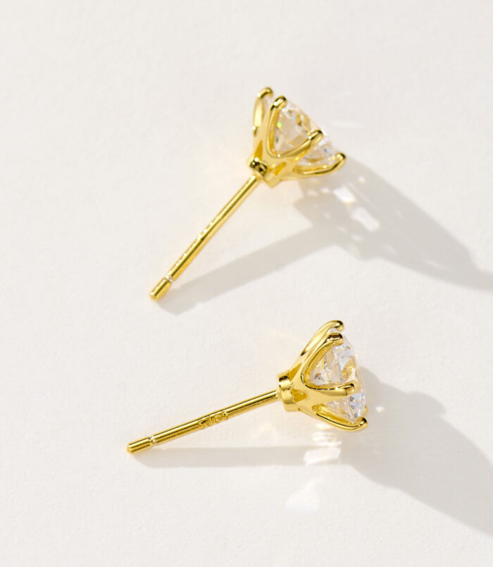 gold plated Classic six-prong Brilliant-Cut Sterling Silver Stud Earrings back view back view close-up of gold plated Classic six-prong Brilliant-Cut Sterling Silver Stud Earrings