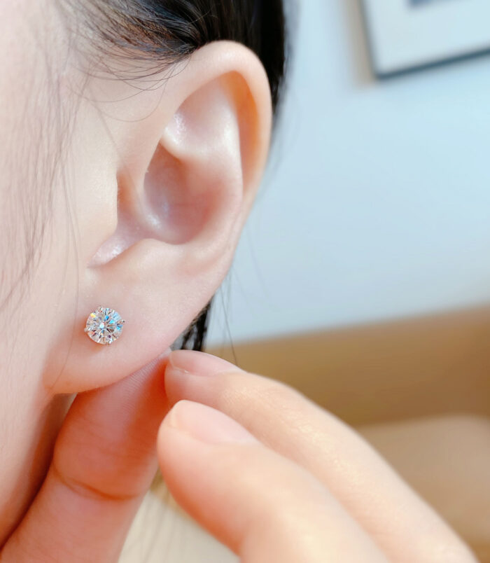 Four-Prong Sterling Silver Stud Earrings wearing effect Four-Prong Sterling Silver Stud Earrings worn on a model's ear