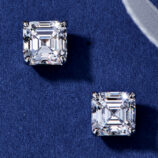 Sterling silver stud earrings with a square-cut clear cubic zirconia center stone