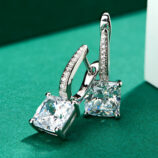 Sterling silver drop earrings with Cushion-cut cubic zirconia and pavé-set clear stones along the hook.