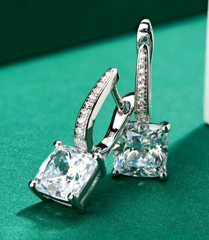 Sterling silver drop earrings with Cushion-cut cubic zirconia and pavé-set clear stones along the hook.