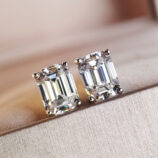 front side close up of Sterling Silver Emerald-Cut Cubic Zirconia Stud Earrings