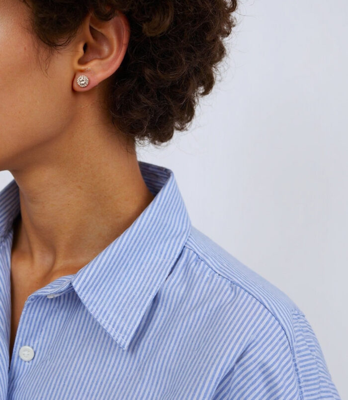 Sterling Silver Round-Cut Cubic Zirconia Halo Stud Earrings wearing effect Sterling Silver Round-Cut Cubic Zirconia Halo Stud Earrings on a foreign model's ear