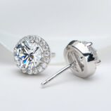 back side close up of Sterling Silver Round-Cut Cubic Zirconia Halo Stud Earrings