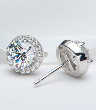 back side close up of Sterling Silver Round-Cut Cubic Zirconia Halo Stud Earrings