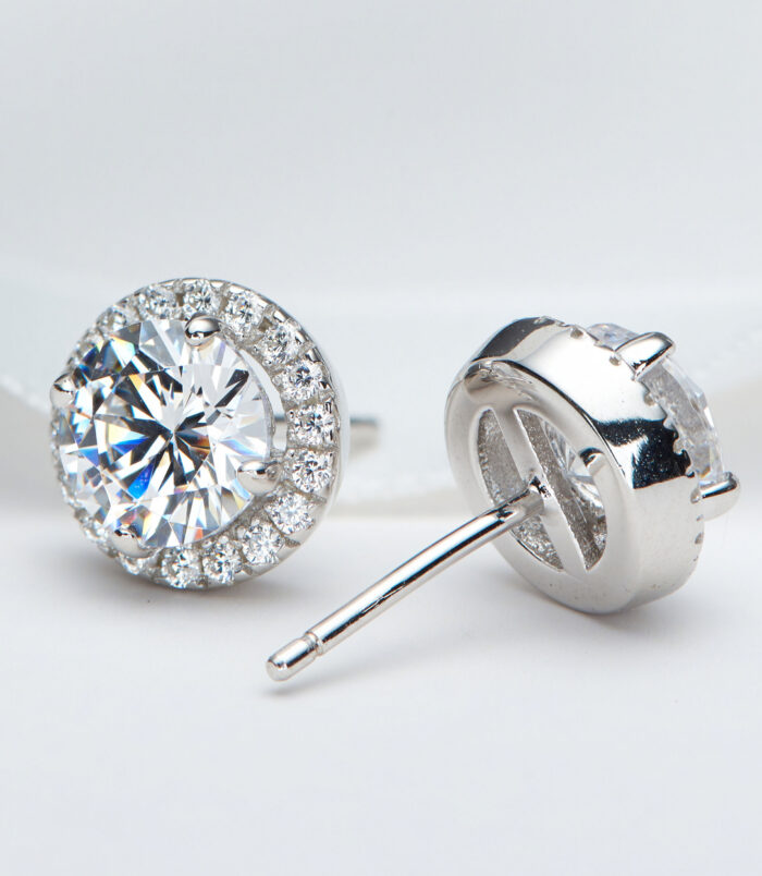 Sterling Silver Round-Cut Cubic Zirconia Halo Stud Earrings back side details back side close up of Sterling Silver Round-Cut Cubic Zirconia Halo Stud Earrings