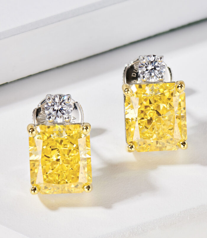 front view close up of Sterling Silver Yellow Cushion-Cut Halo Stud Earrings
