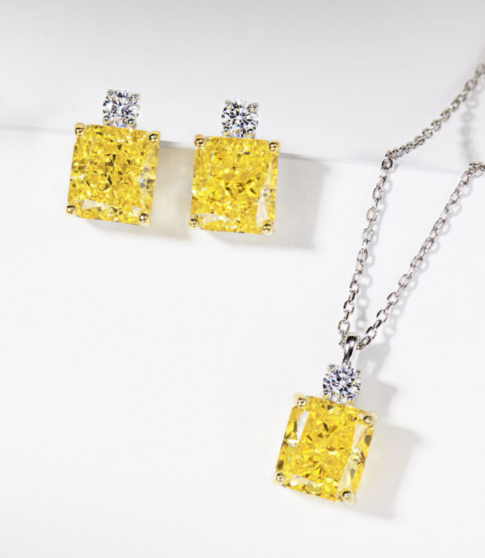 jewelry set of Sterling Silver Yellow Cushion-Cut Halo Stud Earrings and necklace