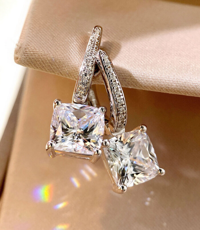 close up of Sterling Silver Cushion-Cut Drop Earrings