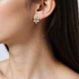 Sterling Silver Yellow Rectangular Gemstone Halo Stud Earrings on a model's ears