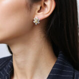 Sterling Silver Yellow Rectangular Gemstone Halo Stud Earrings displayed on a model's ear
