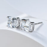side view close up of Sterling Silver Emerald-Cut Cubic Zirconia Stud Earrings