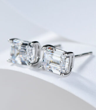 side view close up of Sterling Silver Emerald-Cut Cubic Zirconia Stud Earrings