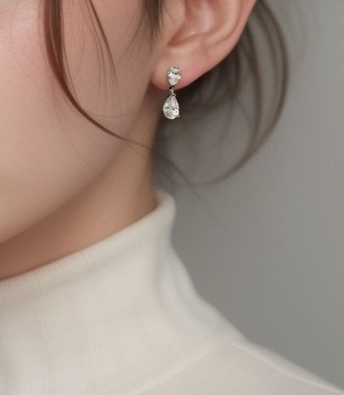 Sterling Silver Pear-Cut Cubic Zirconia Drop Earrings wearing effect Sterling Silver Pear-Cut Cubic Zirconia Drop Earrings worn on s model's ear