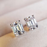 Sterling Silver Emerald-Cut Cubic Zirconia Stud Earrings on a jewelry box