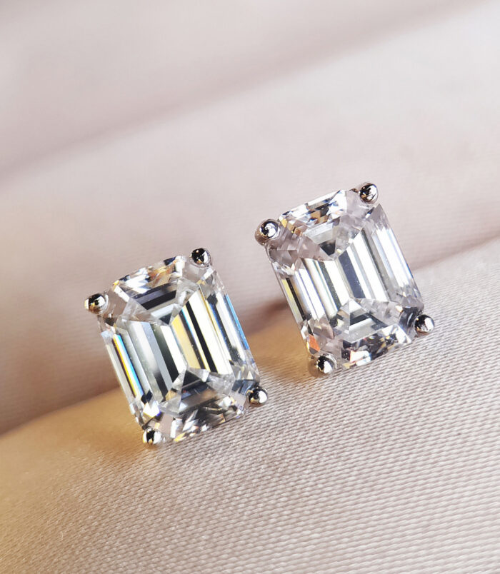 Sterling Silver Emerald-Cut Cubic Zirconia Stud Earrings jewelry box display Sterling Silver Emerald-Cut Cubic Zirconia Stud Earrings on a jewelry box