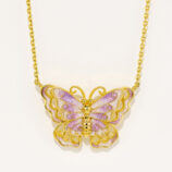 Exquisite gold-plated sterling silver butterfly necklace, featuring intricate filigree details and hand-painted pink and purple enamel on the wings, paired with a classic cable chain, creating a whimsical and feminine look perfect for adding a touch of charm to any outfit.
