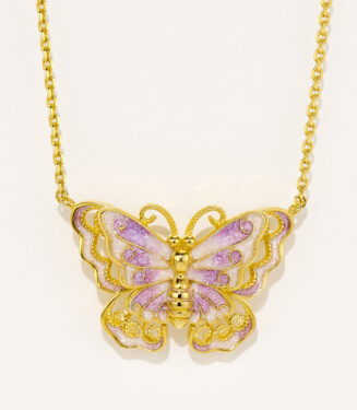Exquisite gold-plated sterling silver butterfly necklace, featuring intricate filigree details and hand-painted pink and purple enamel on the wings, paired with a classic cable chain, creating a whimsical and feminine look perfect for adding a touch of charm to any outfit.