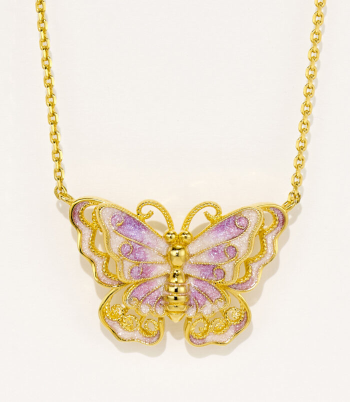 Exquisite gold-plated sterling silver butterfly necklace, featuring intricate filigree details and hand-painted pink and purple enamel on the wings, paired with a classic cable chain, creating a whimsical and feminine look perfect for adding a touch of charm to any outfit.