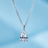 Elegant sterling silver solitaire necklace, showcasing a large pear-shaped brilliant-cut white cubic zirconia stone in a four-prong setting, paired with a classic cable chain, creating a timeless and sophisticated look perfect for adding a touch of luxury to any outfit.