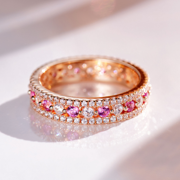 Red Corundum Striped Band | Silver Ring