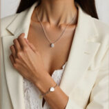 Sterling Silver Solitaire Halo Pear-cut Zirconia Pendant Necklace displayed by model