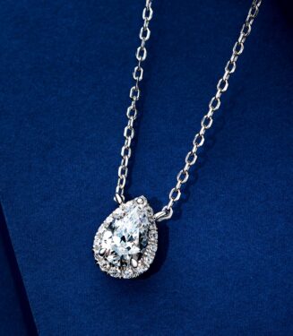 Sterling Silver Solitaire Halo Pear-cut Zirconia Pendant Necklace main stone details main stone details of Sterling Silver Solitaire Halo Pear-cut Zirconia Pendant Necklace