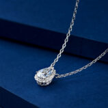 side view close-up of Sterling Silver Solitaire Halo Pear-cut Zirconia Pendant Necklace