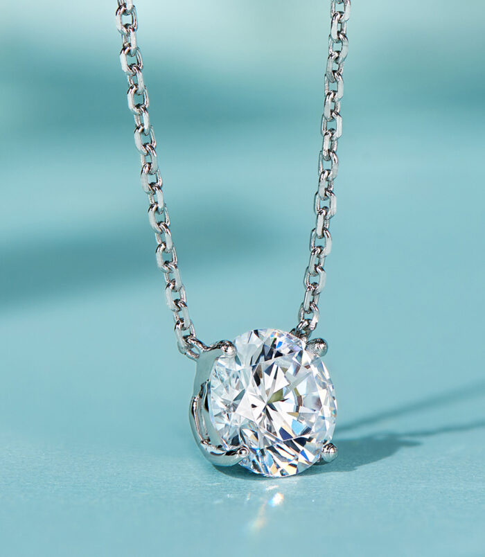 side view close-up of Sleek Sterling Silver Solitaire zirconia Necklace