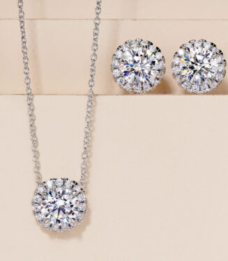 Sterling Silver Solitaire Halo Zirconia Pendant jewelry set: necklace and earrings