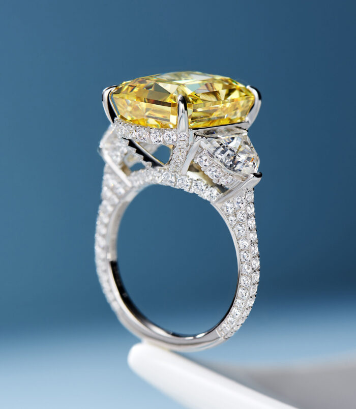 side view close-up of Luxury Yellow Emerald-Cut Three-Stone Sterling Silver Ring