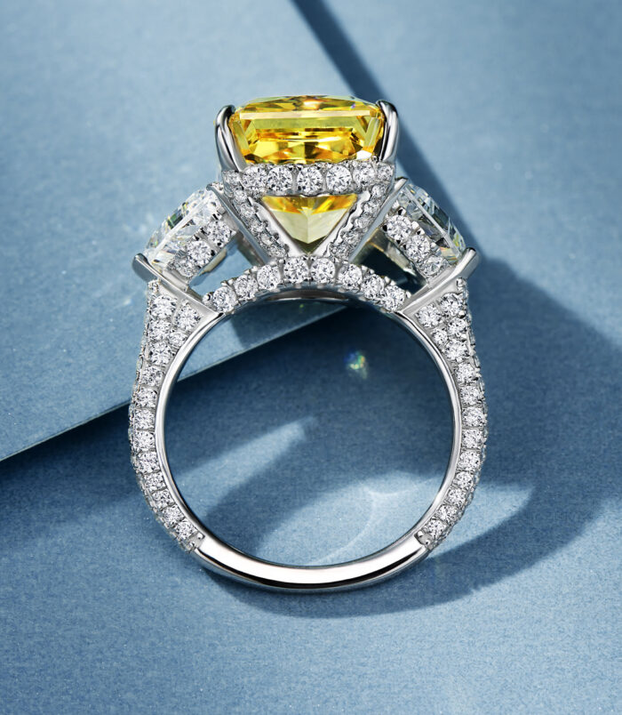 back side close-up of Luxury Yellow Emerald-Cut Three-Stone Sterling Silver Ring