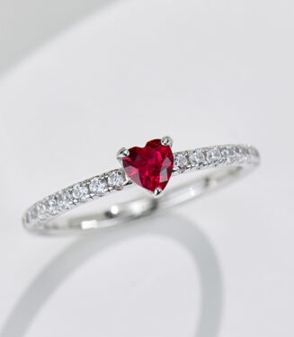 main stone close-up of Enchanting Heart-Shaped Simulated Ruby Sterling Silver Ring