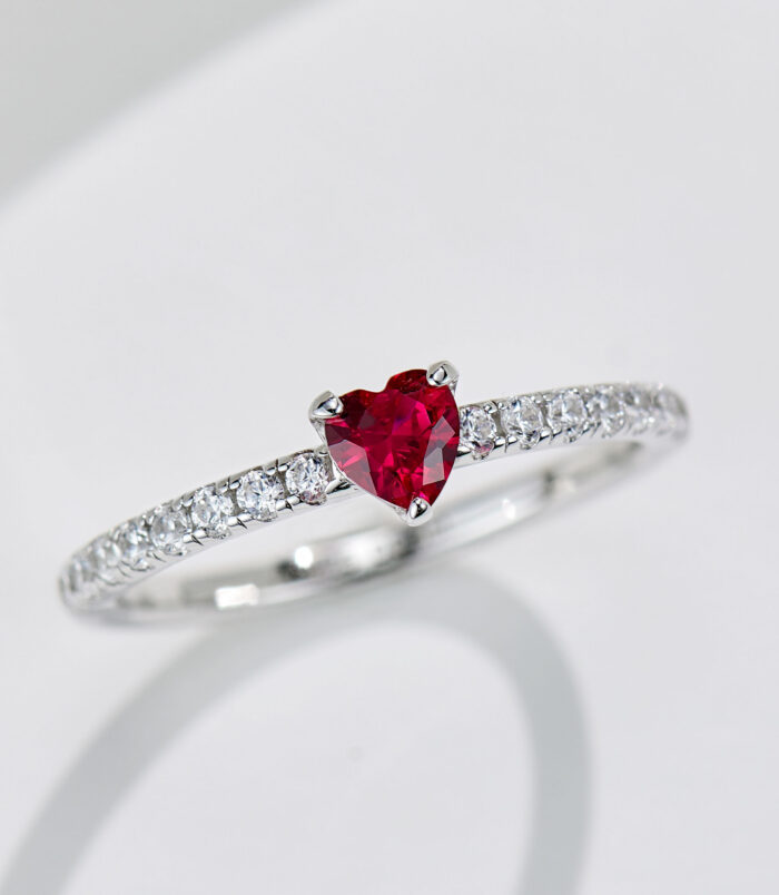 main stone close-up of Enchanting Heart-Shaped Simulated Ruby Sterling Silver Ring