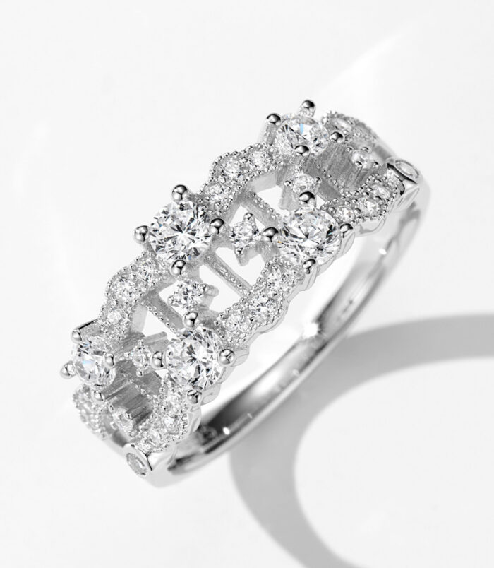 side view close-up of Sparkling Intricate Openwork Sterling Silver Ring